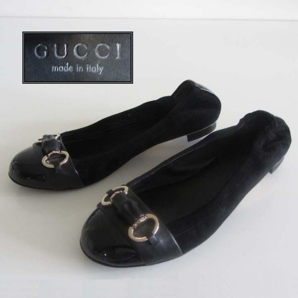 GUCCI Bamboo Horsebit blk patent/suede flats 37.5 - Picture 1 of 6